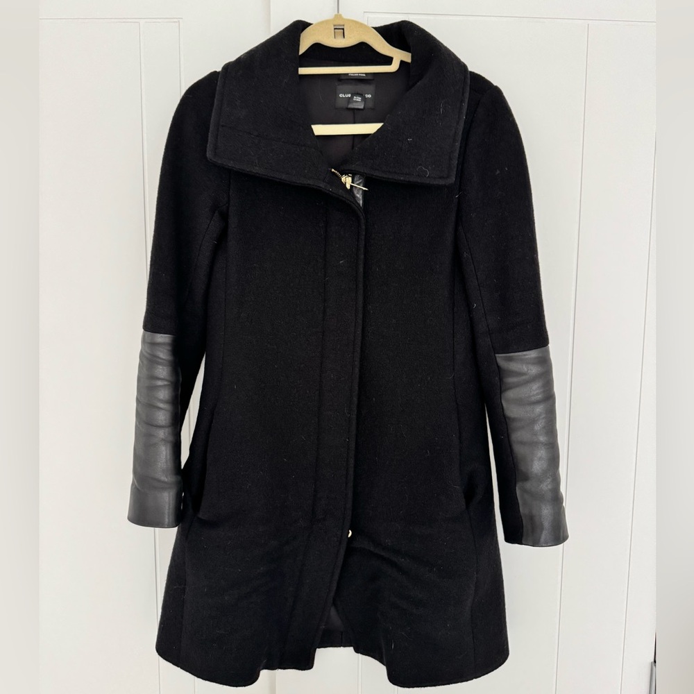 Club Monaco Black Wool Coat with Leather Accents